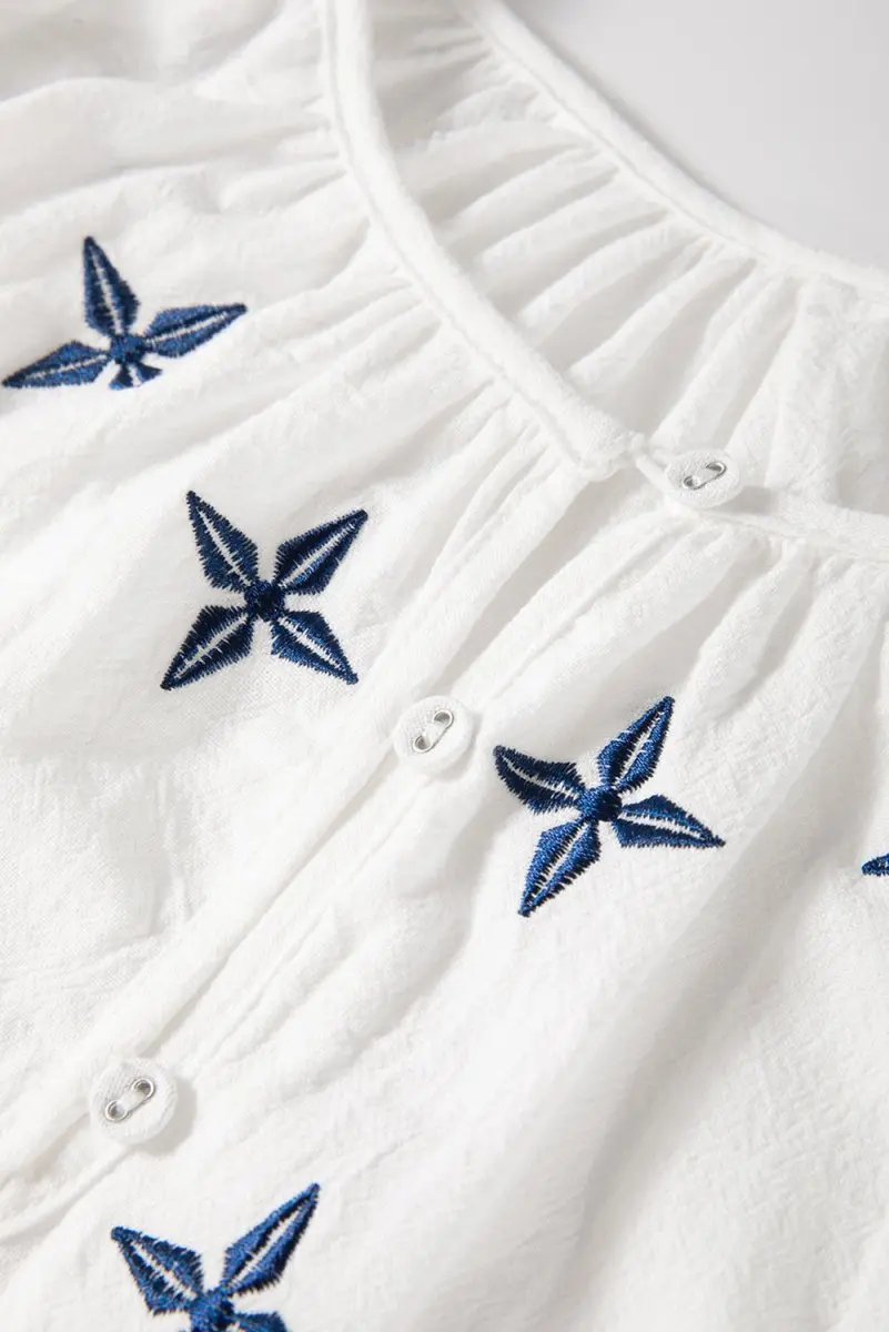 White Geometric Embroidered Long Sleeve Blouse for Women - Love Salve